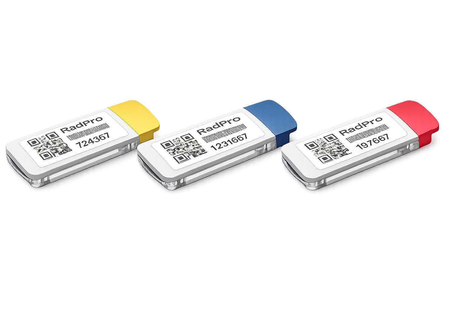 RadPro OSL Dosimeter Badges — Anjad-issued personal dose cards with QR codes and colour-coded cycle clips